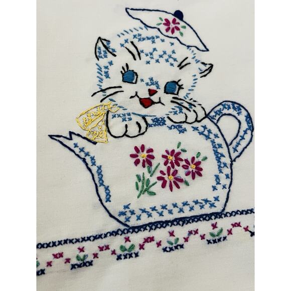 Hand Embroidered Dish Towel Napkins Set 4 Kitten Cats Grandma Chic Cottagecore - Picture 5 of 11